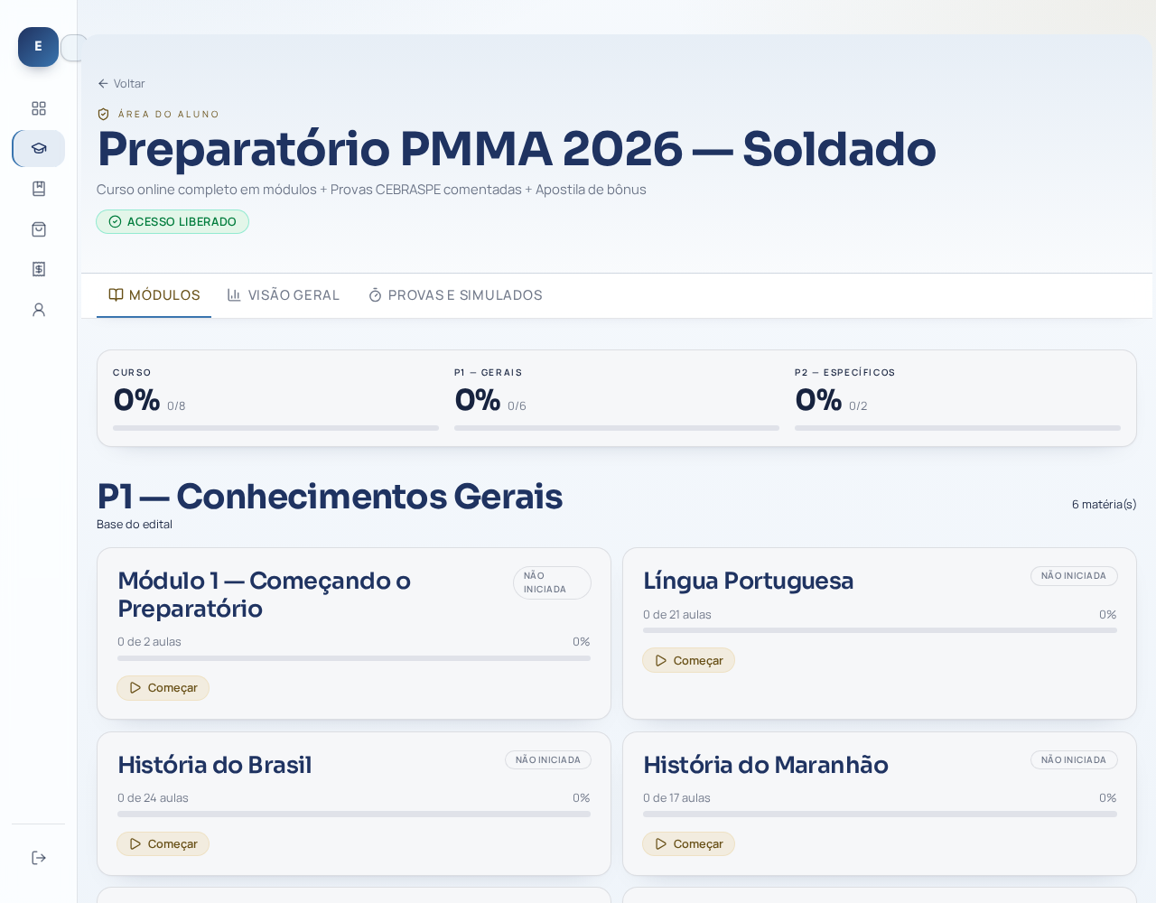 Área do aluno do Preparatório PMMA 2026 aberta em um notebook