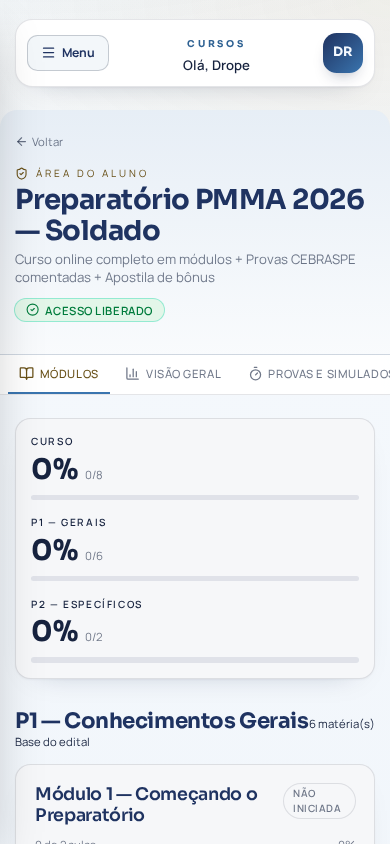 Área do aluno do Preparatório PMMA 2026 aberta em um iPhone